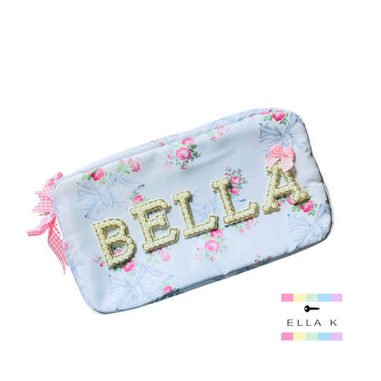 Custom Pearl Letter Floral Bow Makeup Bag