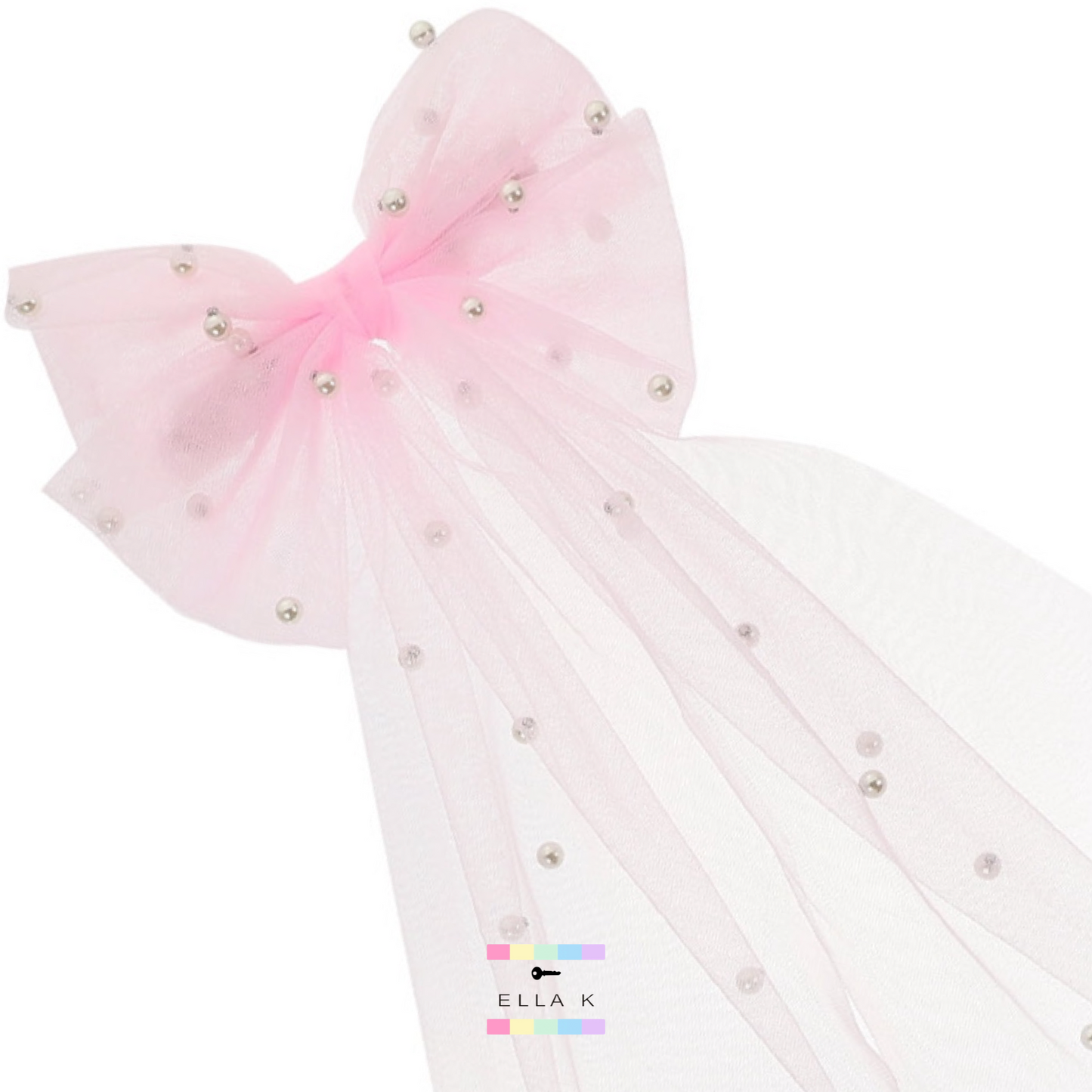 Full Of Pearls Tulle Hair Bow Barrette - Pink