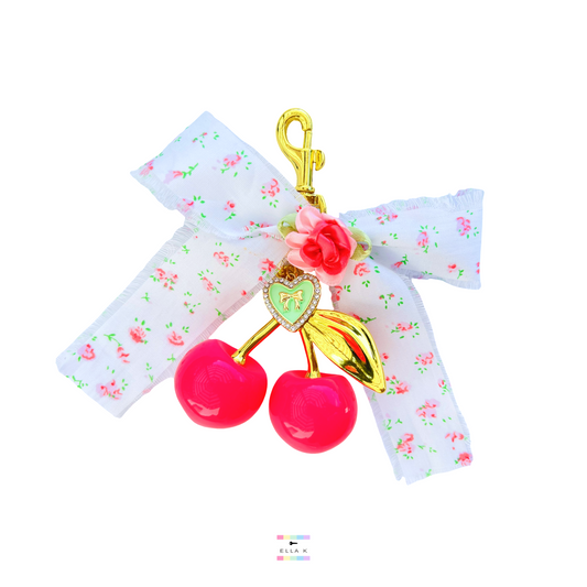 Pink Flora Coquette Bow Cherry Bag Charm