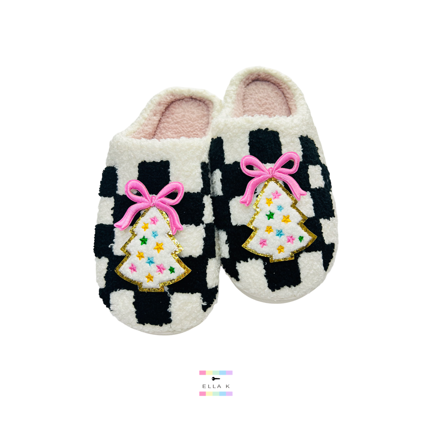 Christmas Tree Patch Coquette Bow Checkered House Slippers
