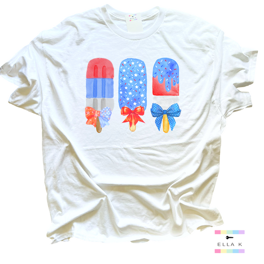 Red White & Blue Coquette Bow Popsicle Watercolor Tee