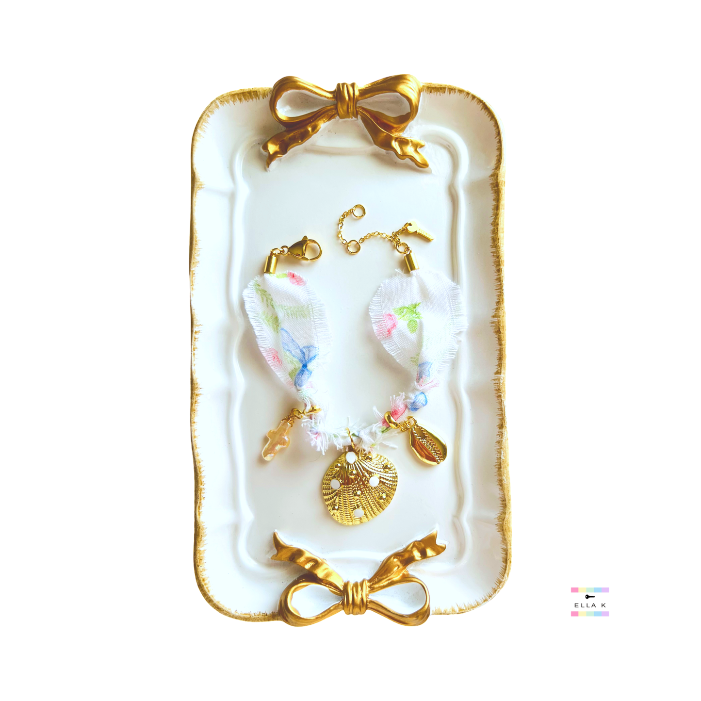 Coral Floral Coquette Bow Charm Bracelet