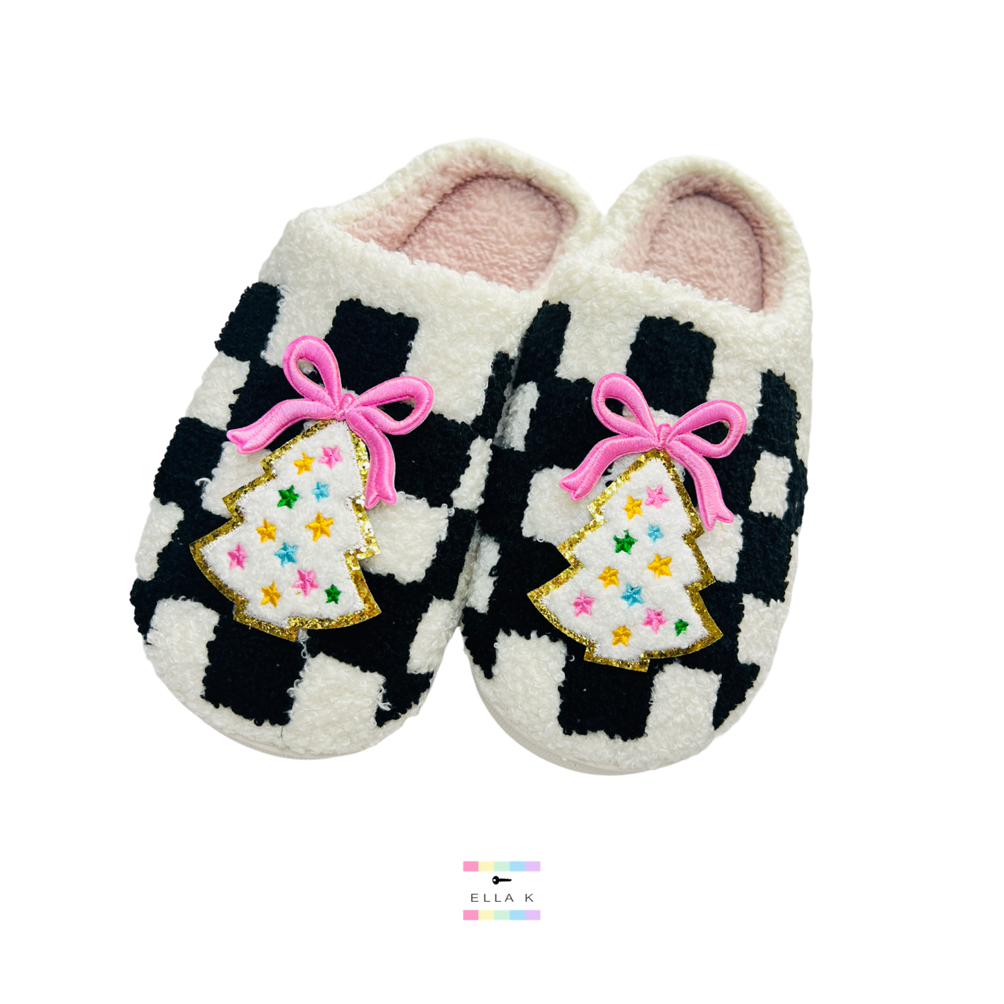 Christmas Tree Patch Coquette Bow Checkered House Slippers