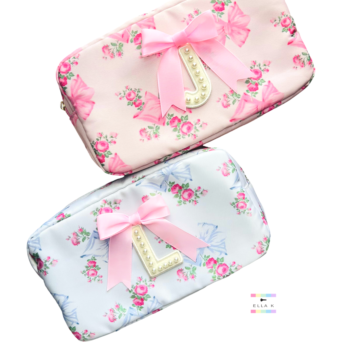 Custom Pearl Letter Coquette Bow Rose Floral Makeup Bag