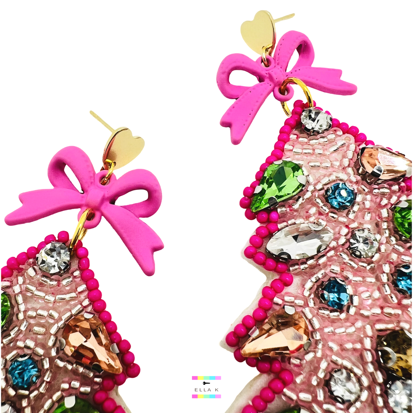 Pink Coquette Bow Christmas Tree Earrings