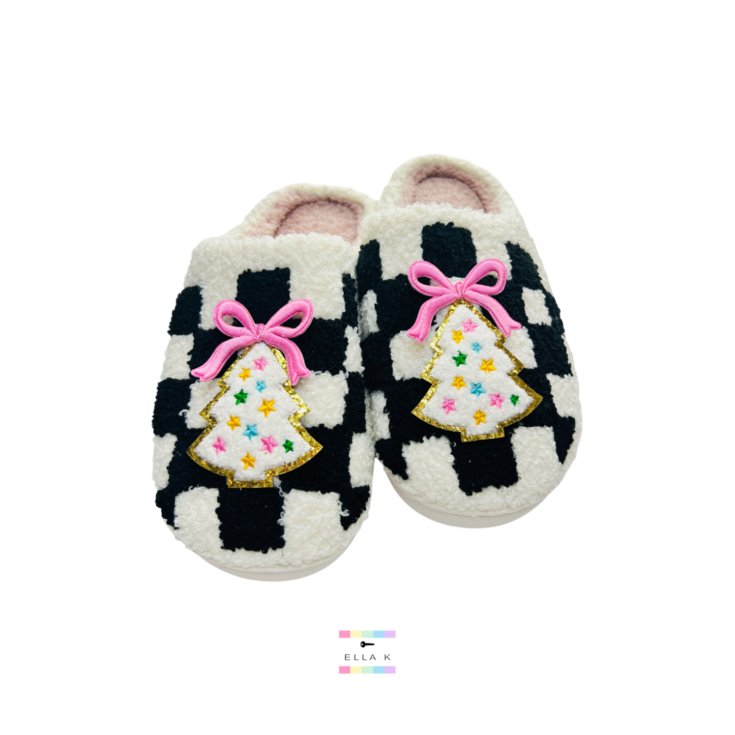 Christmas Tree Patch Coquette Bow Checkered House Slippers