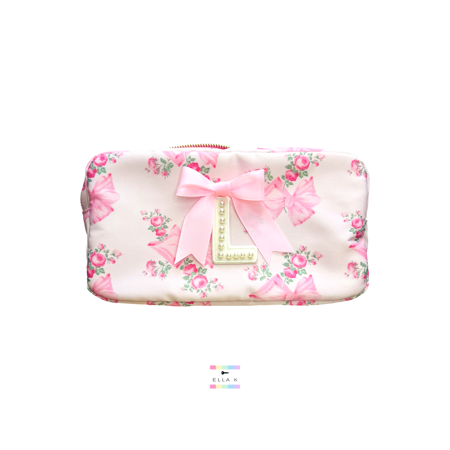 Custom Pearl Letter Coquette Bow Rose Floral Makeup Bag