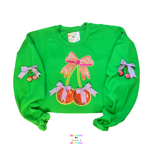 Sequin Coquette Bow Cherry Love Green Sweatshirt