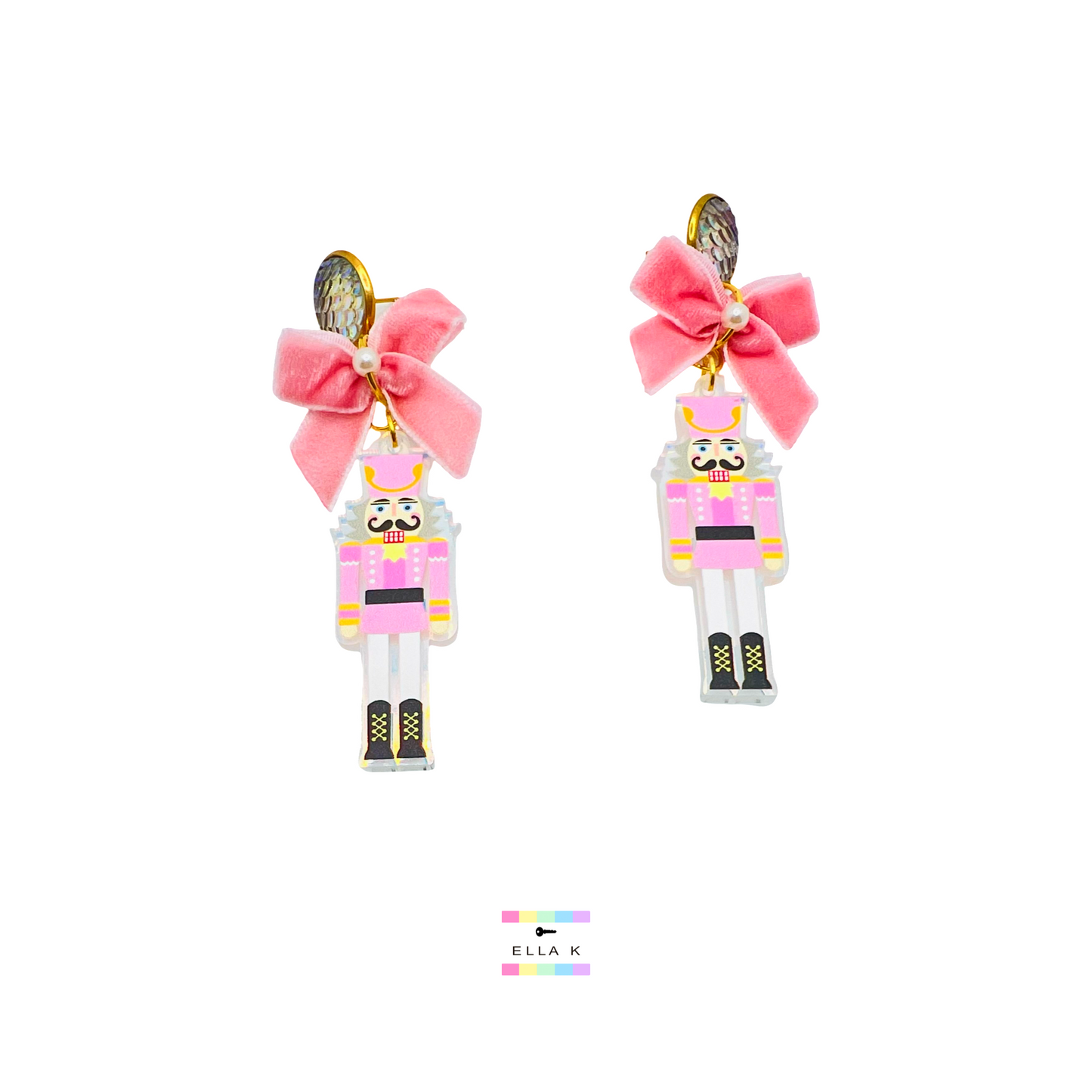 Pastel Pink Iridescent Nutcracker Christmas Earrings