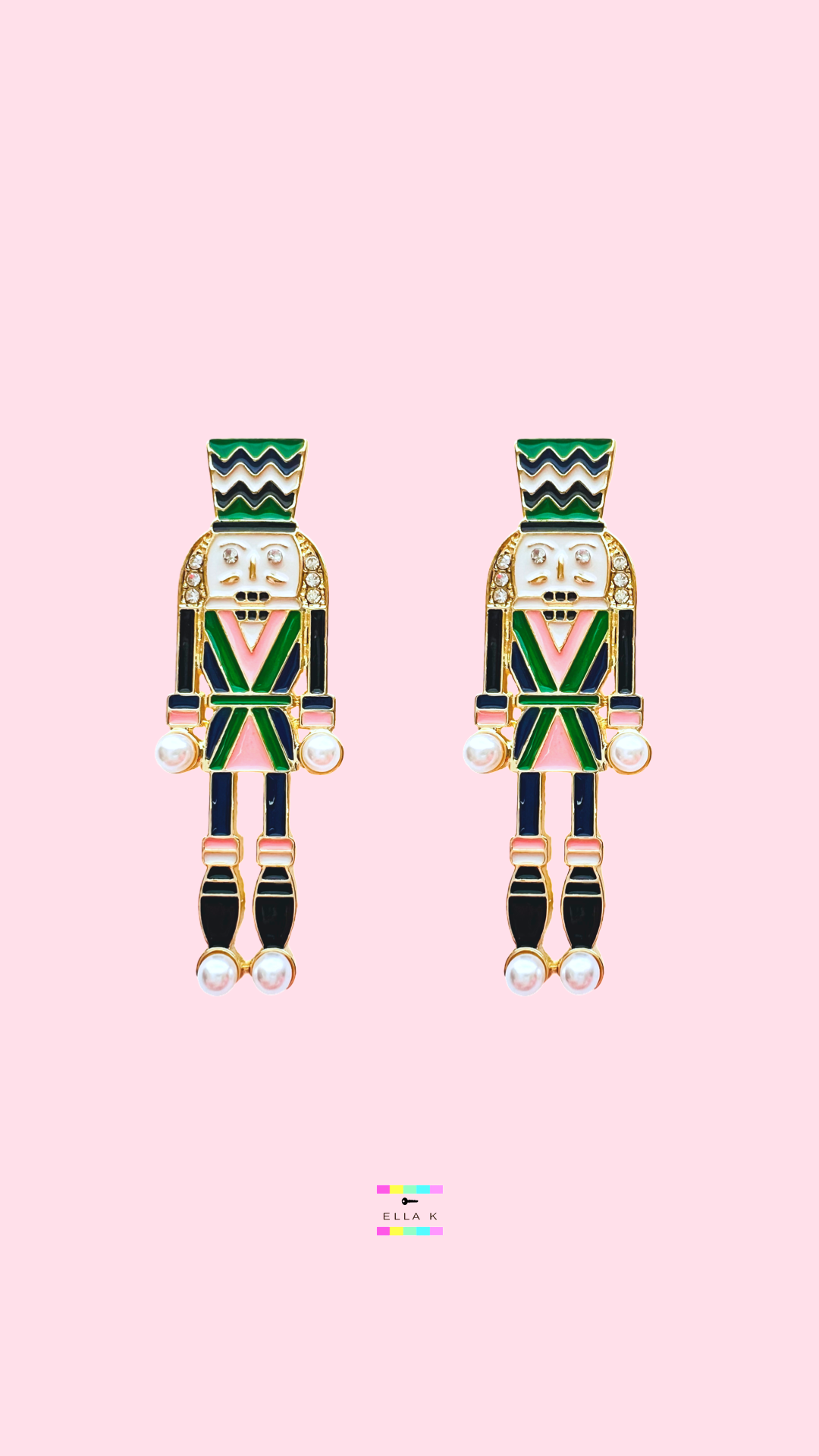 Green & Pink Enamel Nutcracker Christmas Earrings