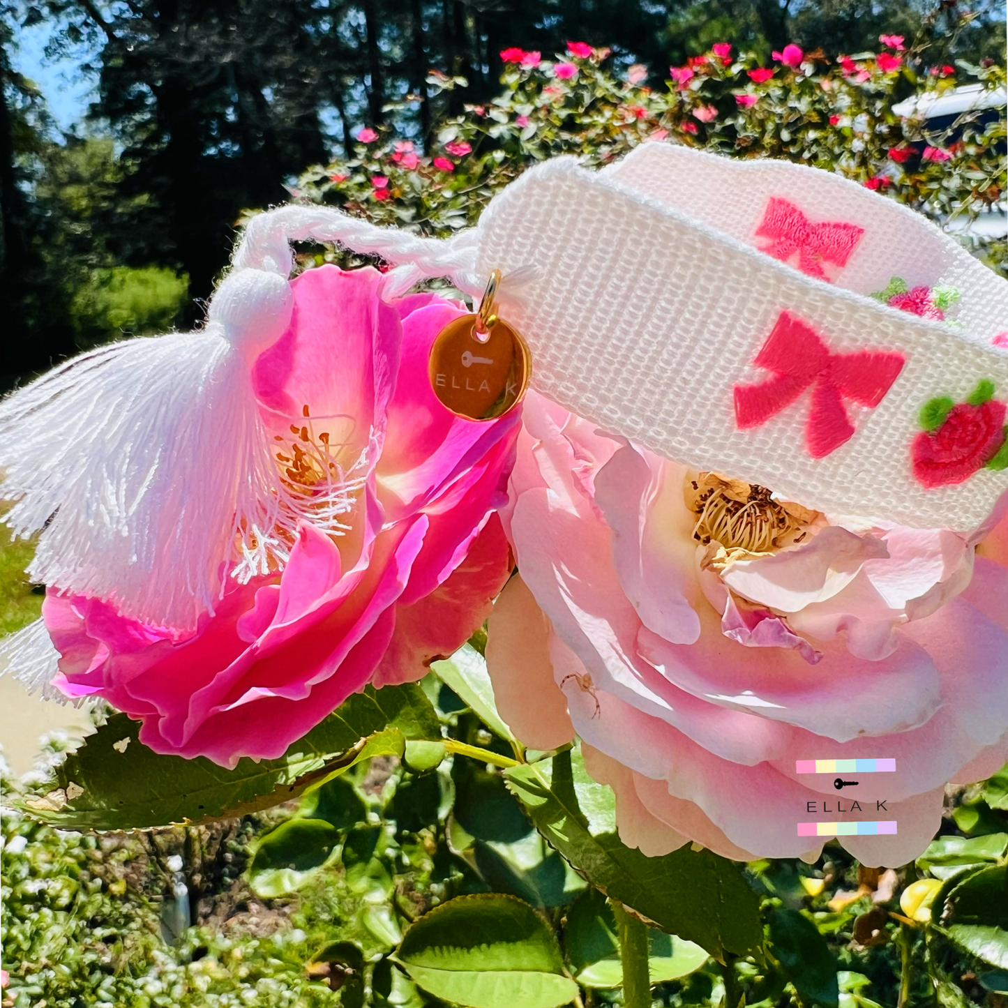 Embroidered Roses & Coquette Bow Woven Tassel Bracelet