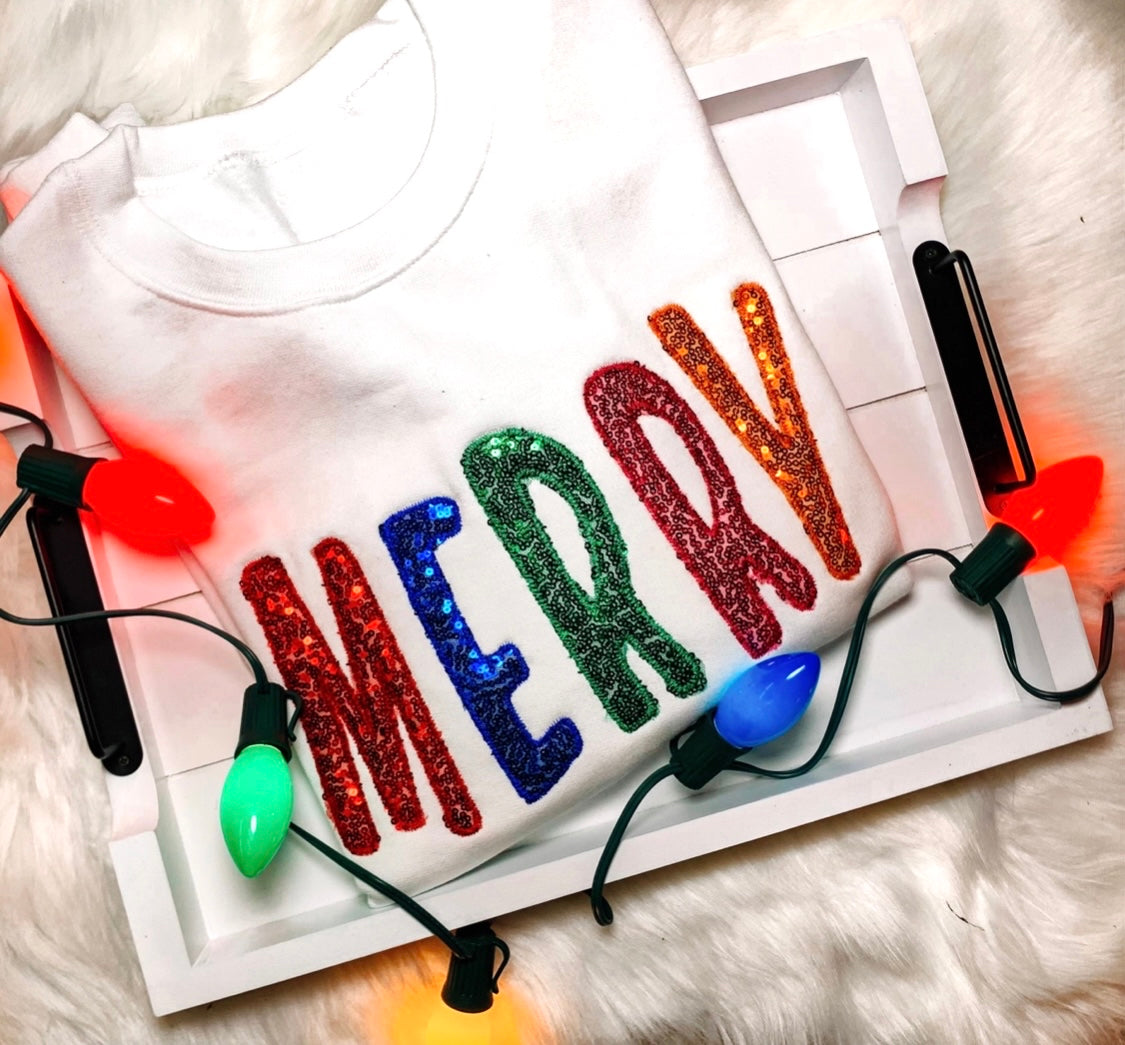 Sequin Embroidered “MERRY” Sweatshirt