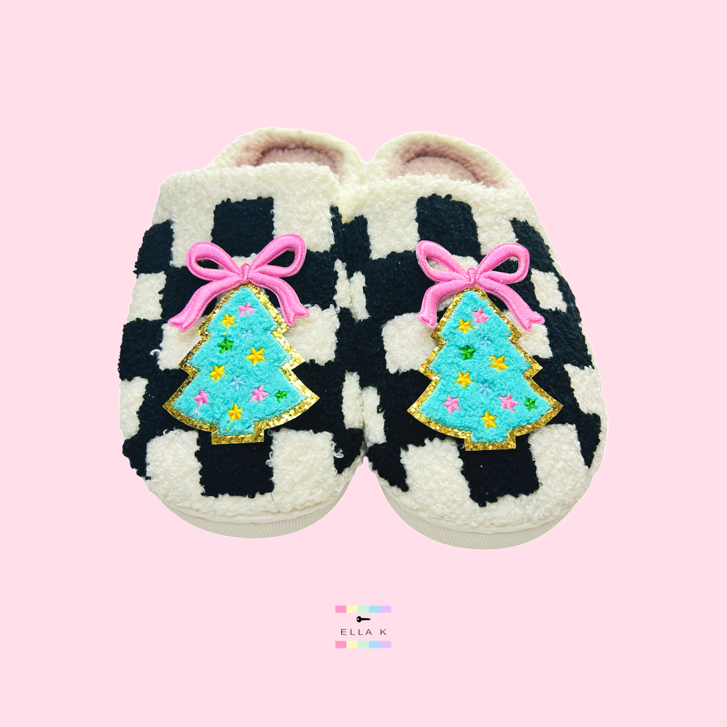 Christmas Tree Patch Coquette Bow Checkered House Slippers