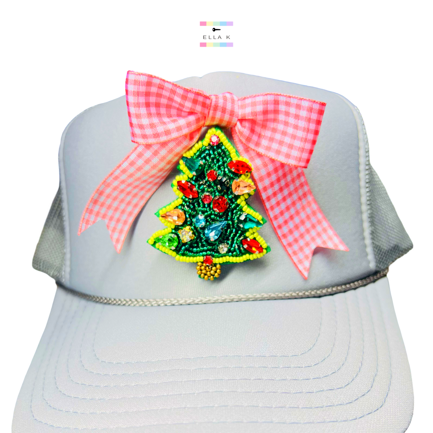 Beaded Christmas Tree Gingham Coquette Bow Trucker Hat