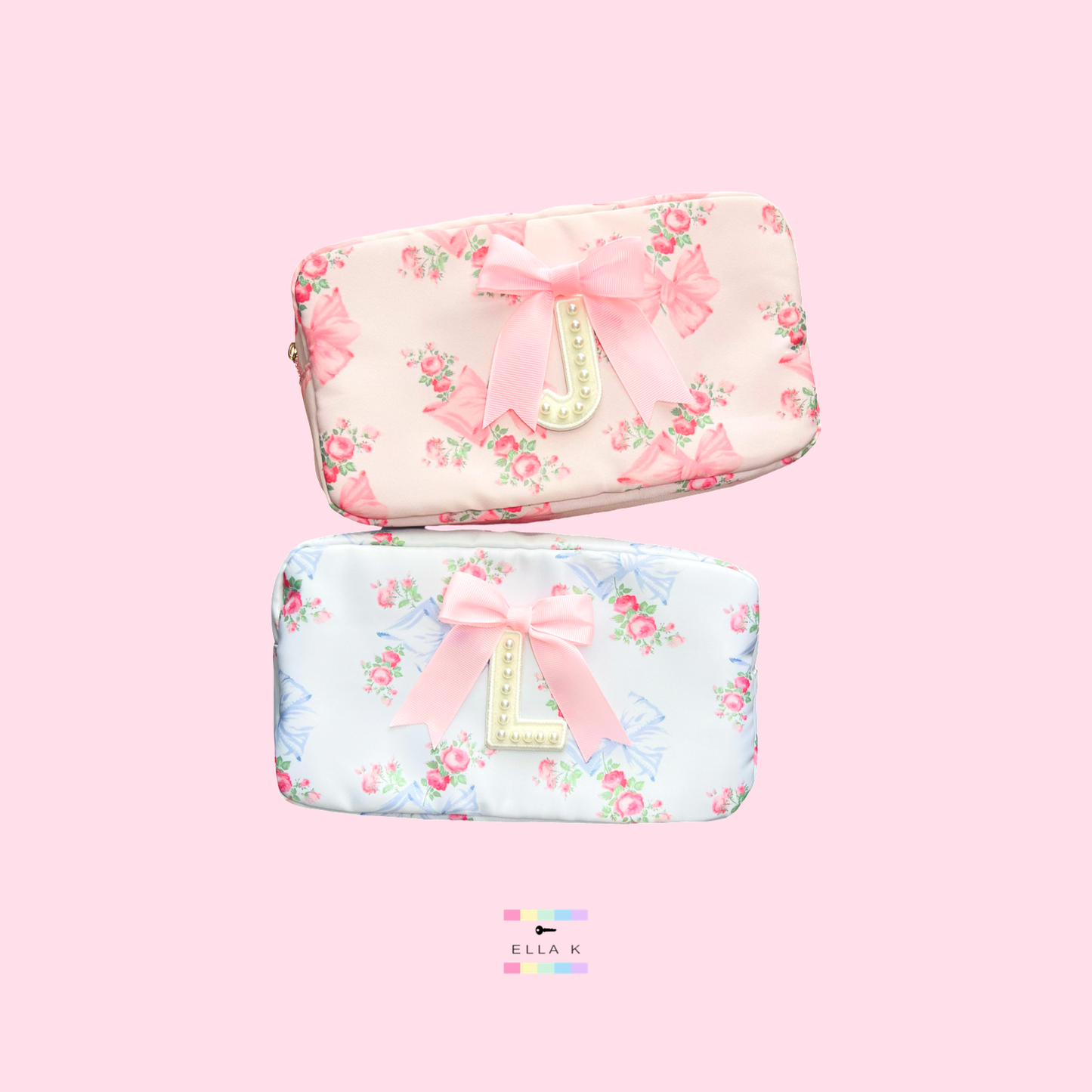 Custom Pearl Letter Coquette Bow Rose Floral Makeup Bag