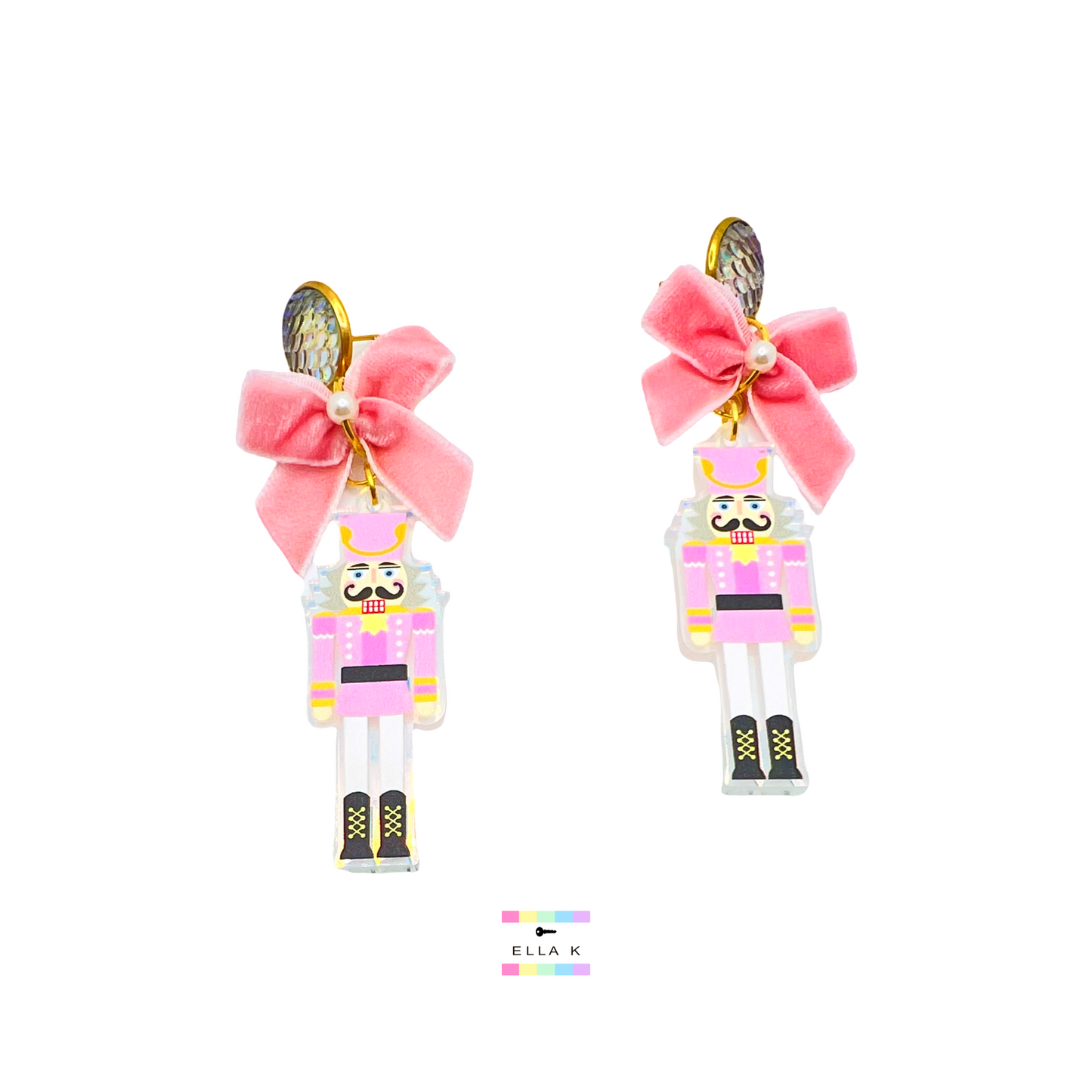 Pastel Pink Iridescent Nutcracker Christmas Earrings