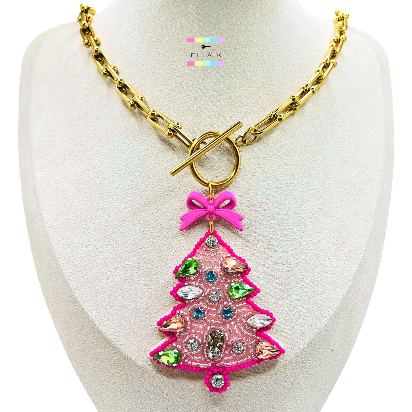 Pink Christmas Tree Horseshoe Chain  Necklace