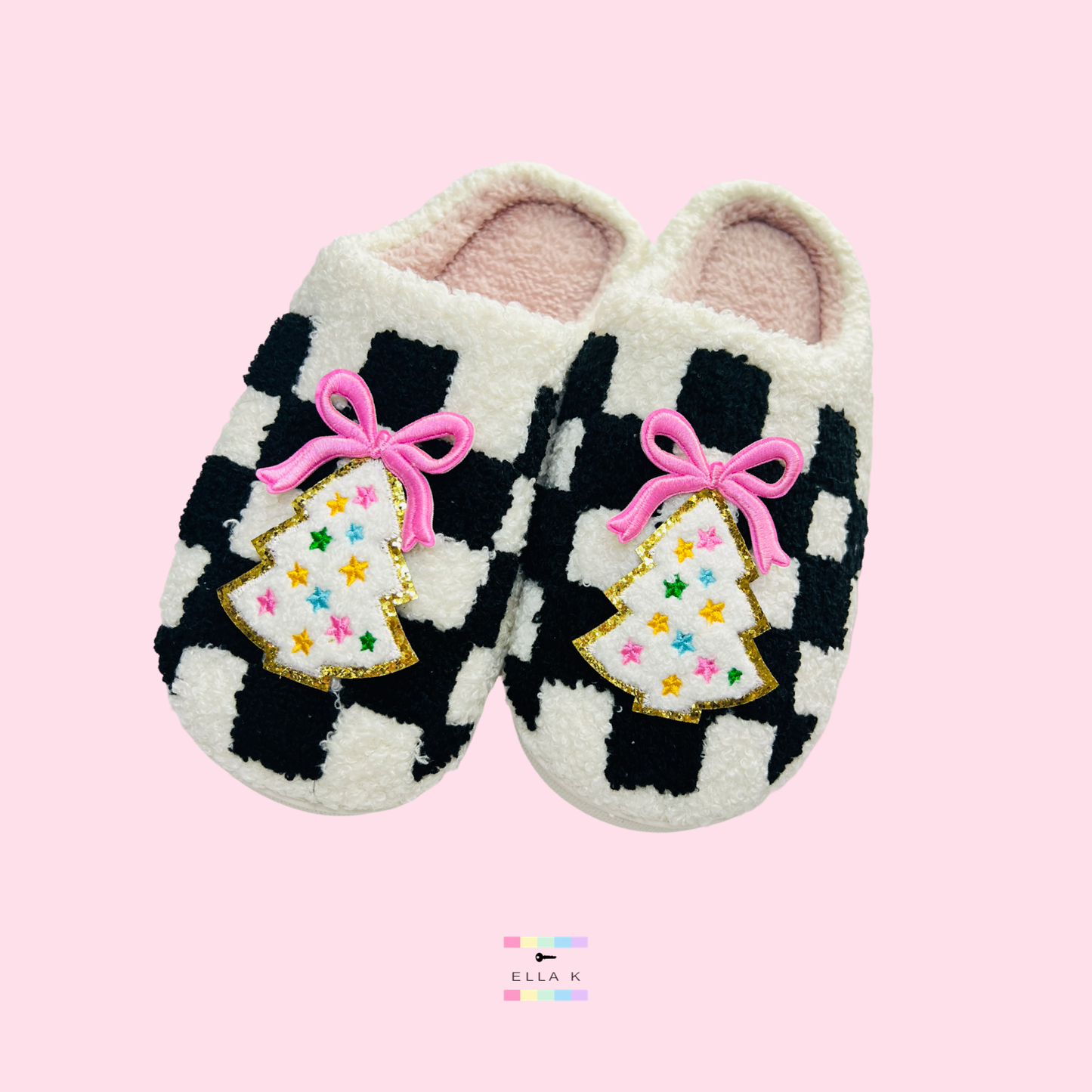 Christmas Tree Patch Coquette Bow Checkered House Slippers