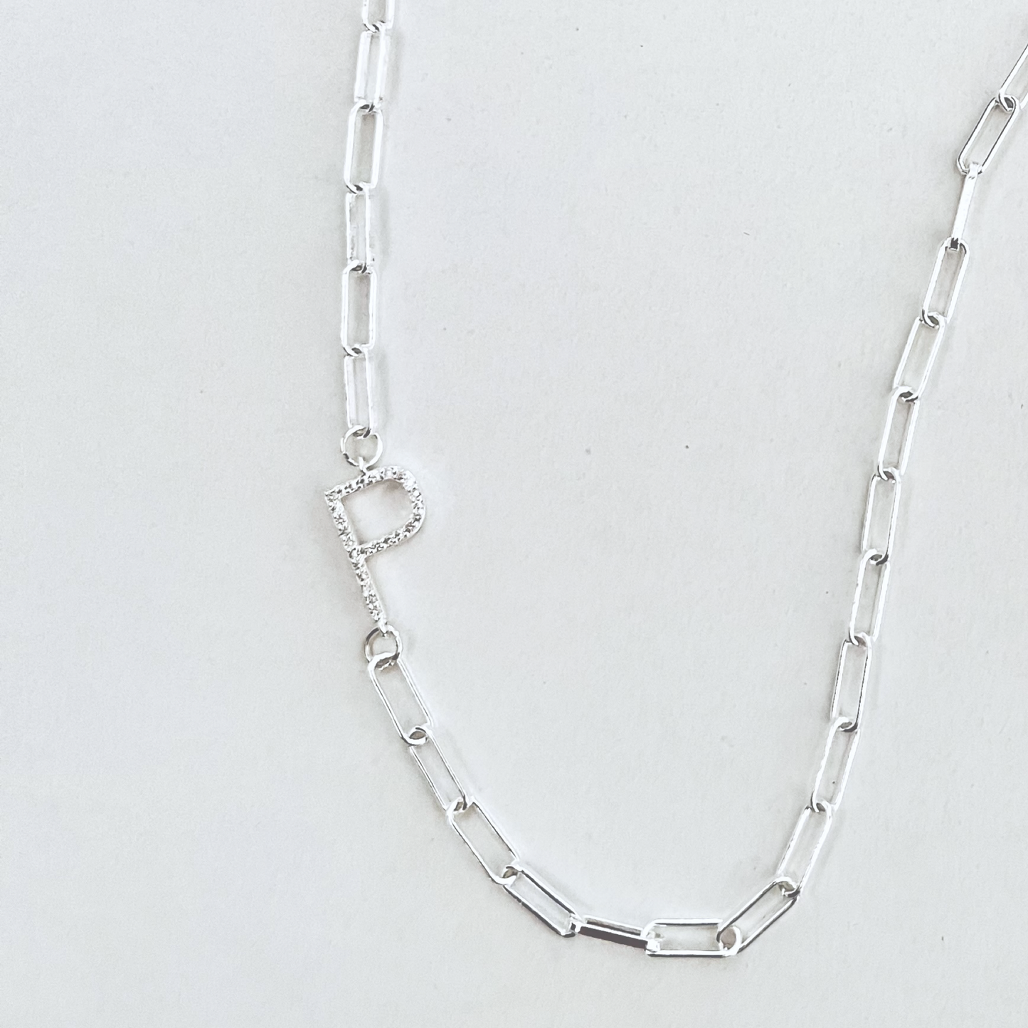 Silver Paperclip Pave Initial Necklace