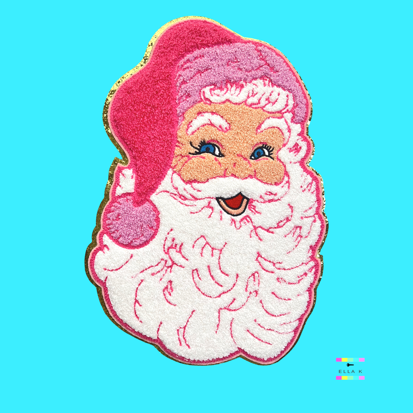 Preppy Pink Chenille Santa Sweatshirt - Scuba Blue