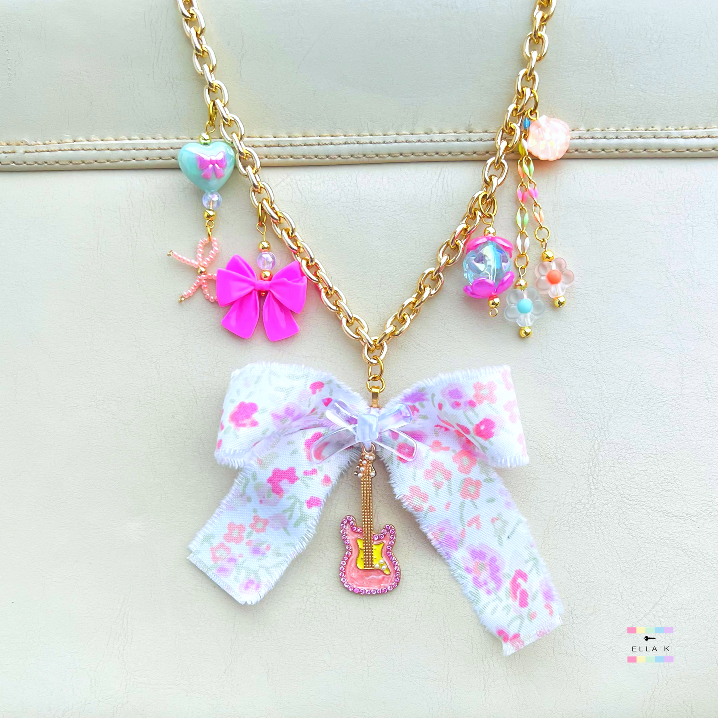 Pink Guitar Floral Coquette Bag Charm