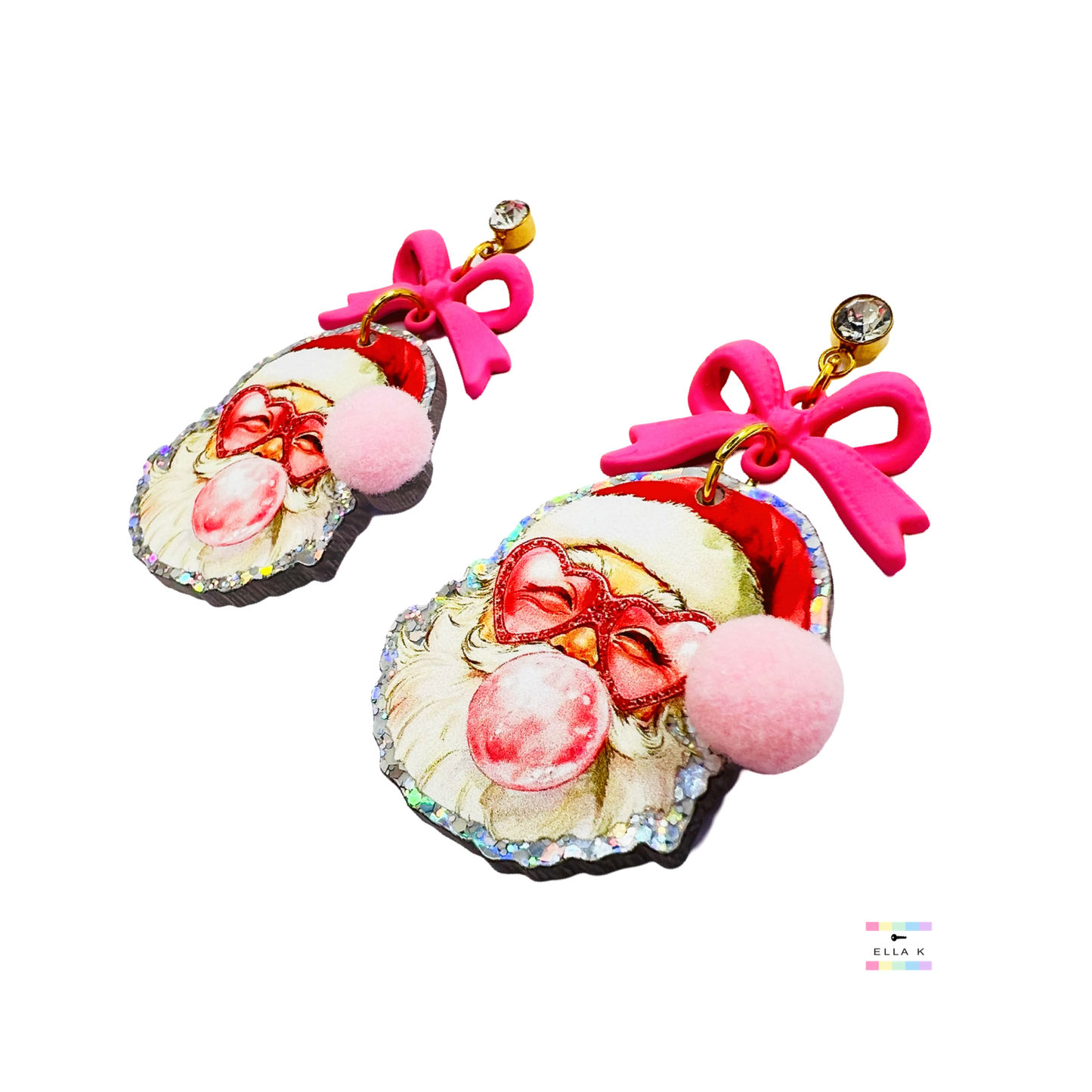 Bubble Gum Santa Coquette Bow Christmas Earrings