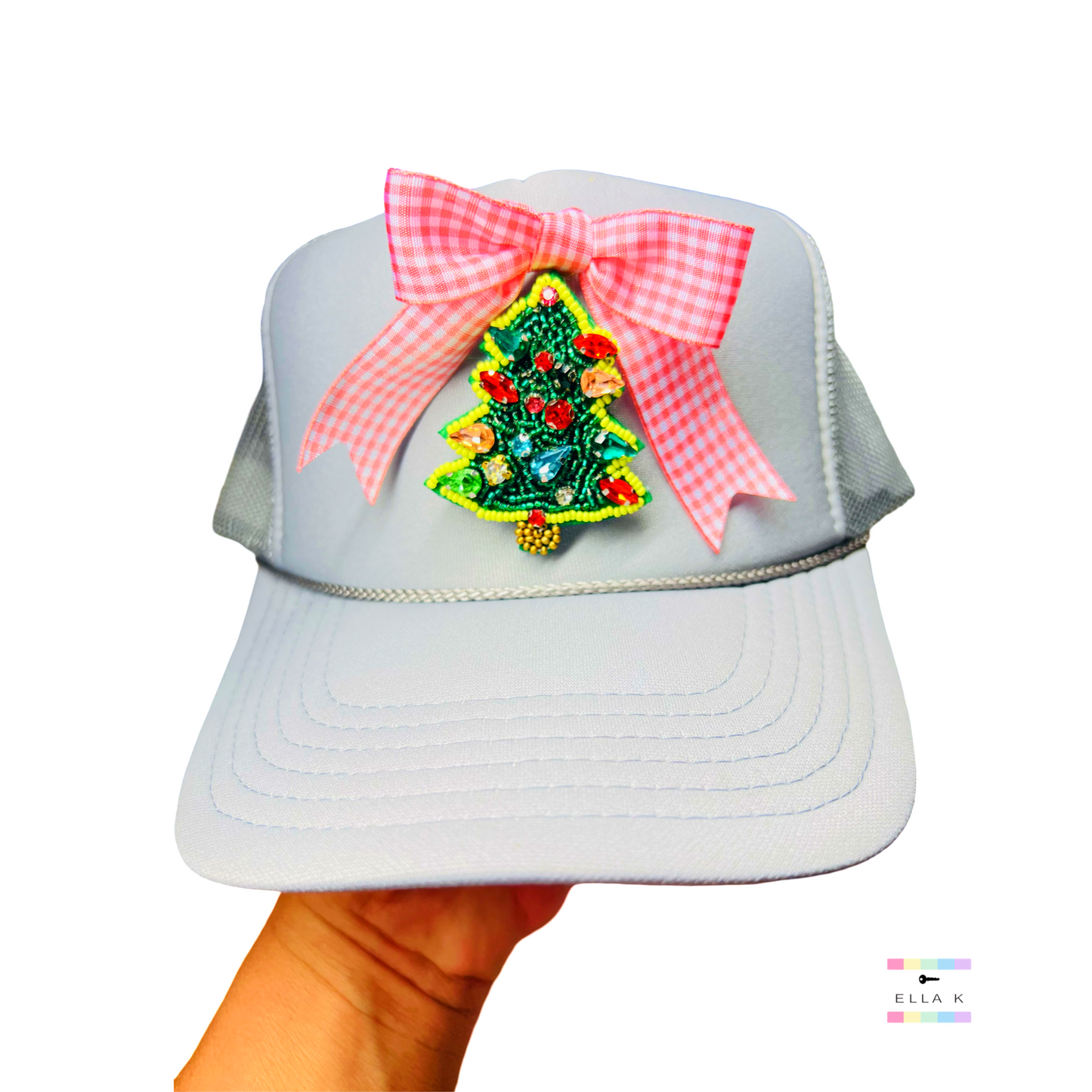 Beaded Christmas Tree Gingham Coquette Bow Trucker Hat