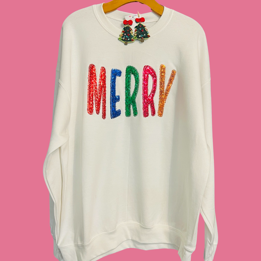 Sequin Embroidered “MERRY” Sweatshirt