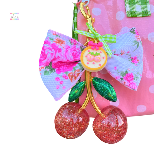 Pink Floral Coquette Bow Strawberry Button Cherry Bag Charm