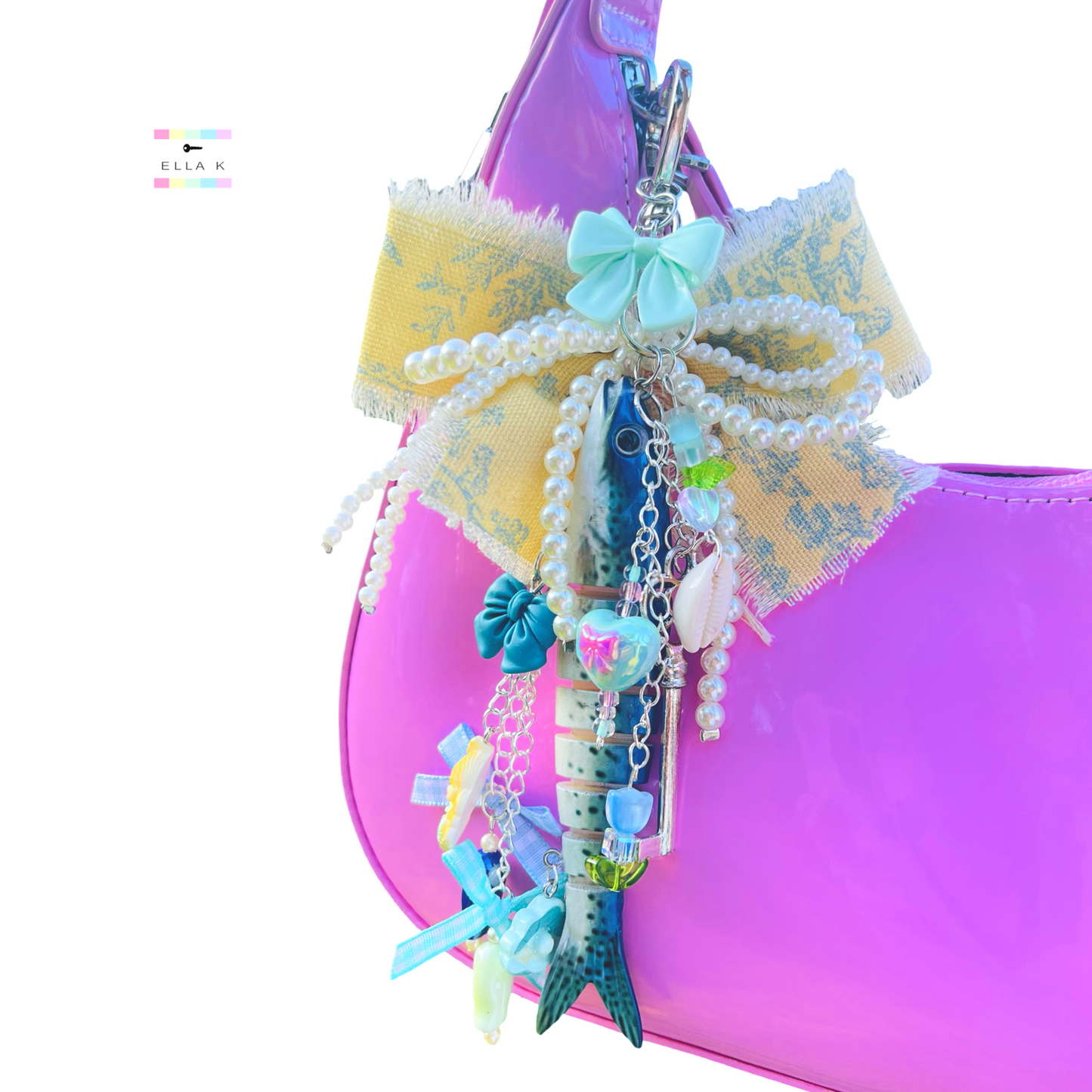 Blue Toile Fancy Fish Coquette Bow Bag Charm
