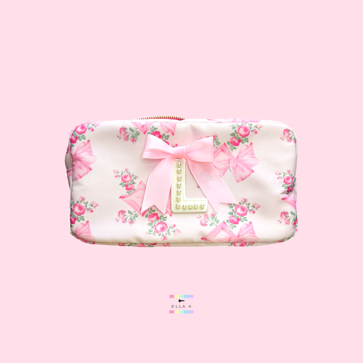 Custom Pearl Letter Coquette Bow Rose Floral Makeup Bag