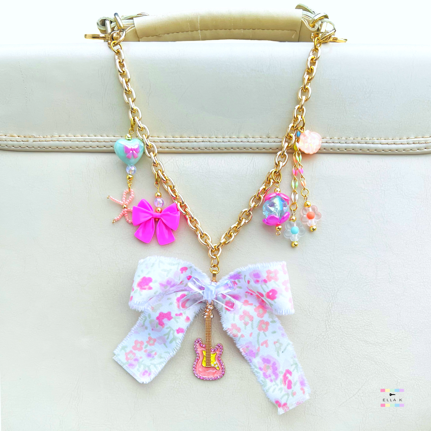 Pink Guitar Floral Coquette Bag Charm