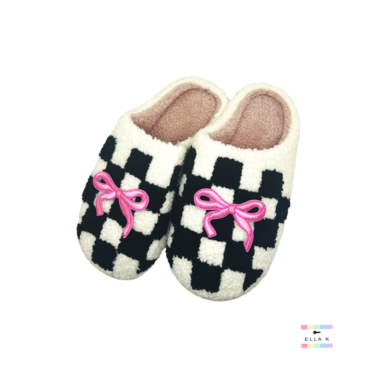 Coquette Bow Patch Checkered House Slippers