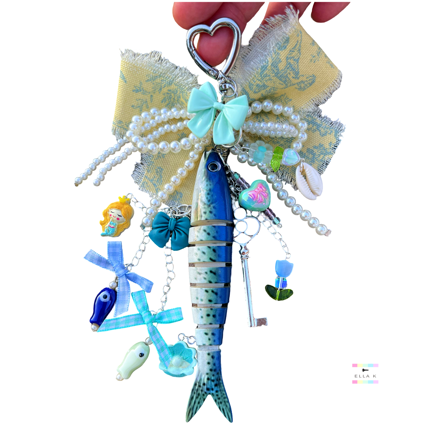 Blue Toile Fancy Fish Coquette Bow Bag Charm