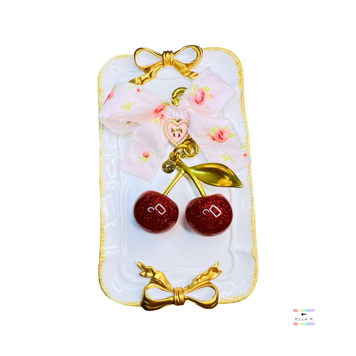 Handmade Floral Coquette Bow XL Cherry Bag Charm