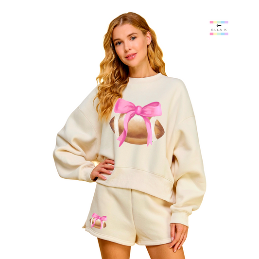 Pink Coquette Bow Football Watercolor Sweatshirt & Shorts Set