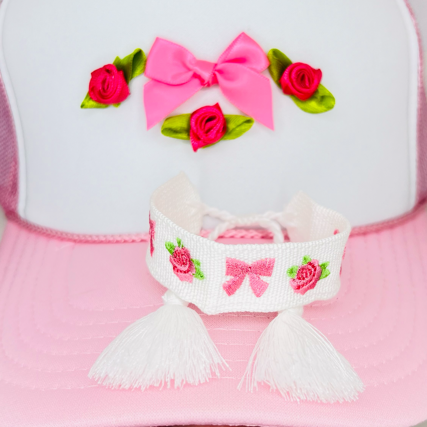 Embroidered Roses & Coquette Bow Woven Tassel Bracelet