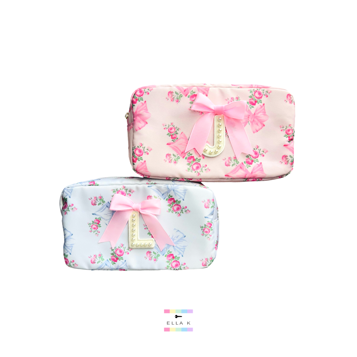 Custom Pearl Letter Coquette Bow Rose Floral Makeup Bag