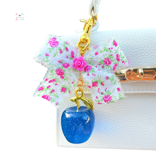 Pink Floral Rose Coquette Bow Blue Apple Bag Charm