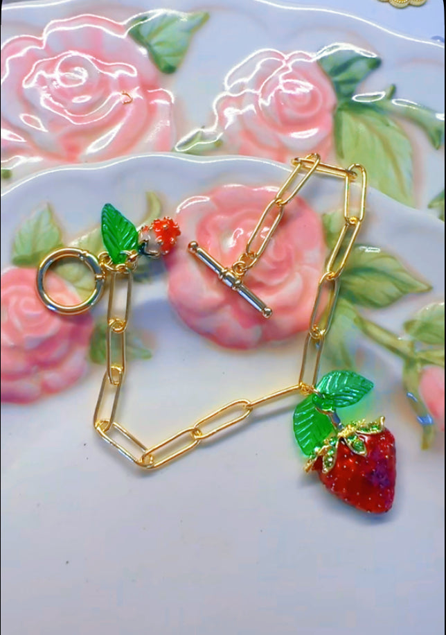 Gold Paperclip Strawberry Bracelet