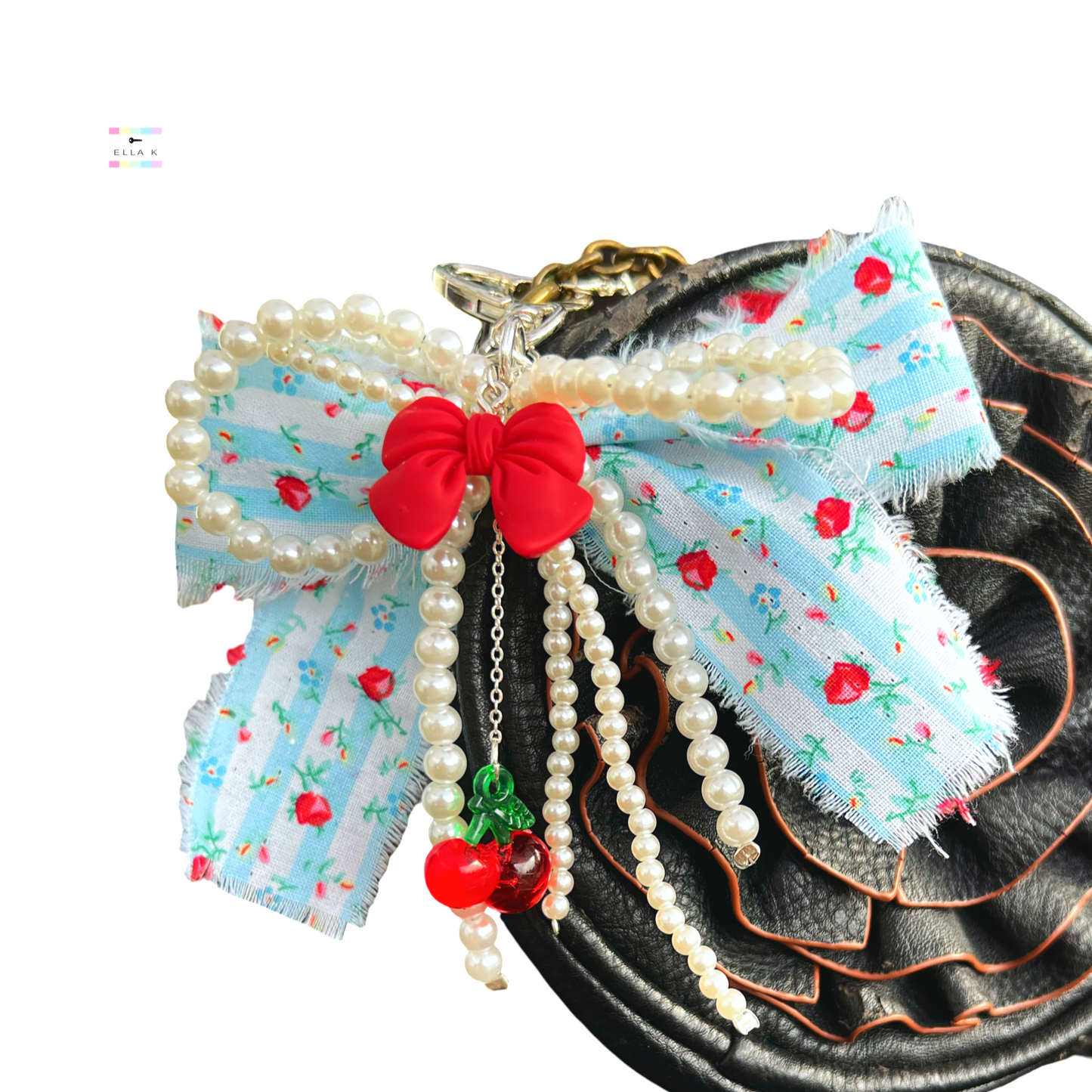 Faux Pearl Floral Rose Coquette Bow Cherry Bag Charm
