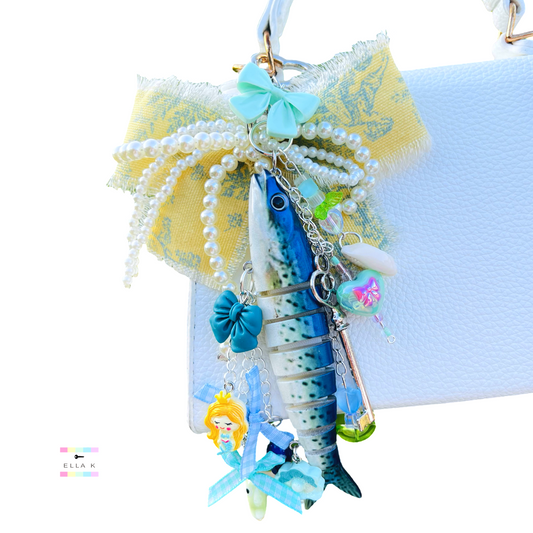 Blue Toile Fancy Fish Coquette Bow Bag Charm