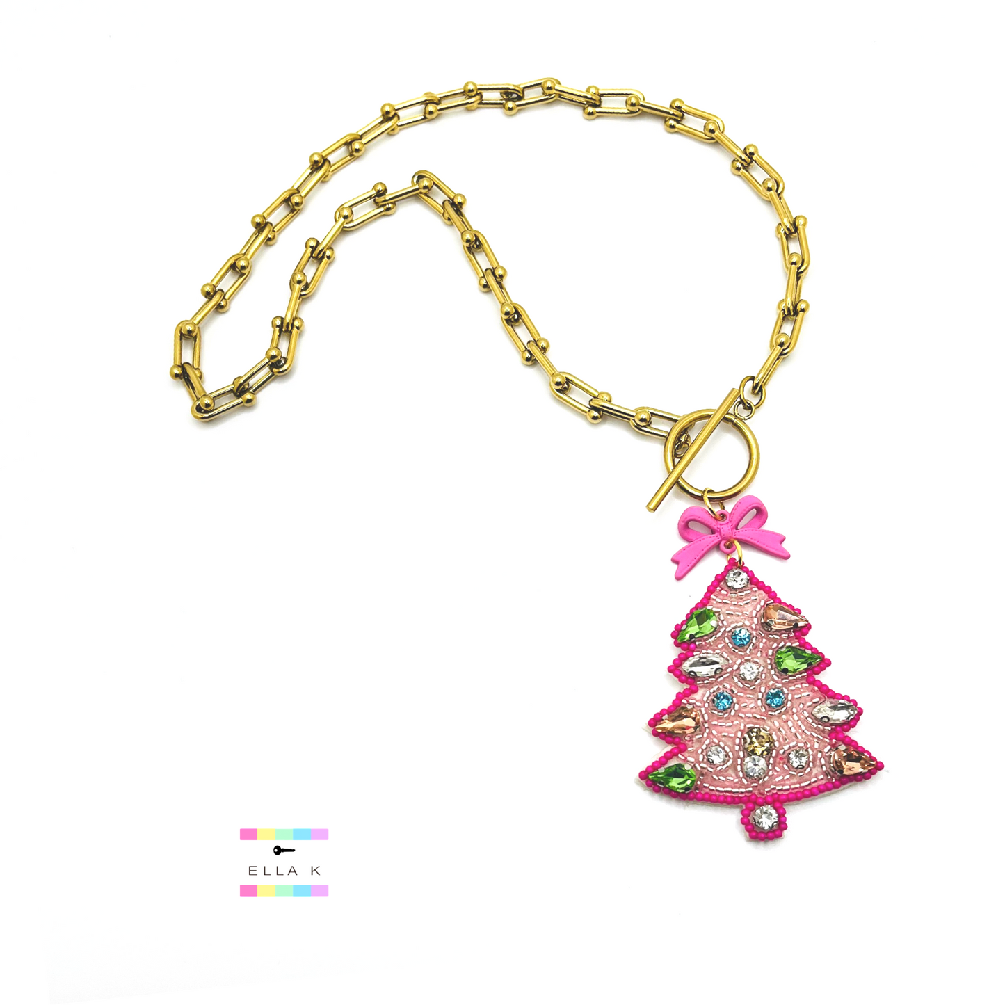 Pink Christmas Tree Horseshoe Chain  Necklace