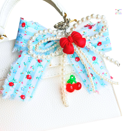 Faux Pearl Floral Rose Coquette Bow Cherry Bag Charm
