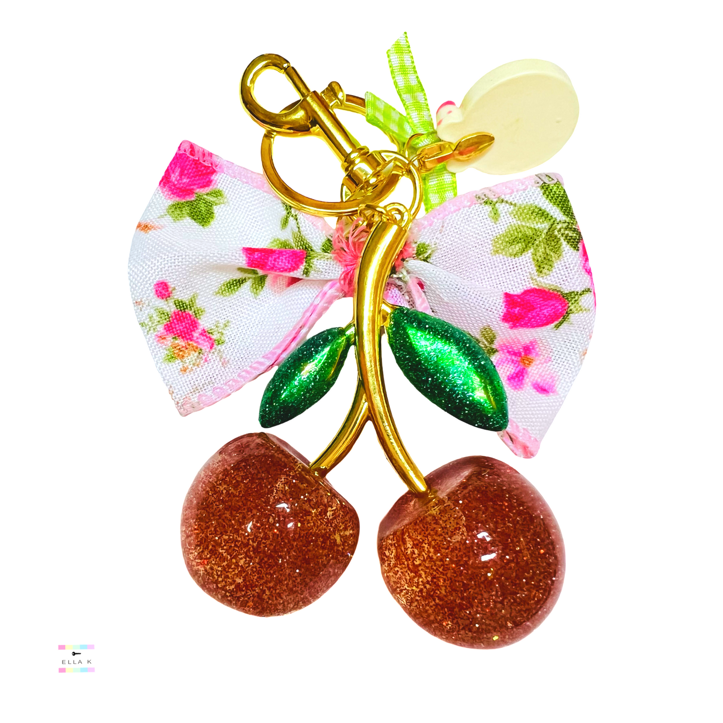 Pink Floral Coquette Bow Strawberry Button Cherry Bag Charm
