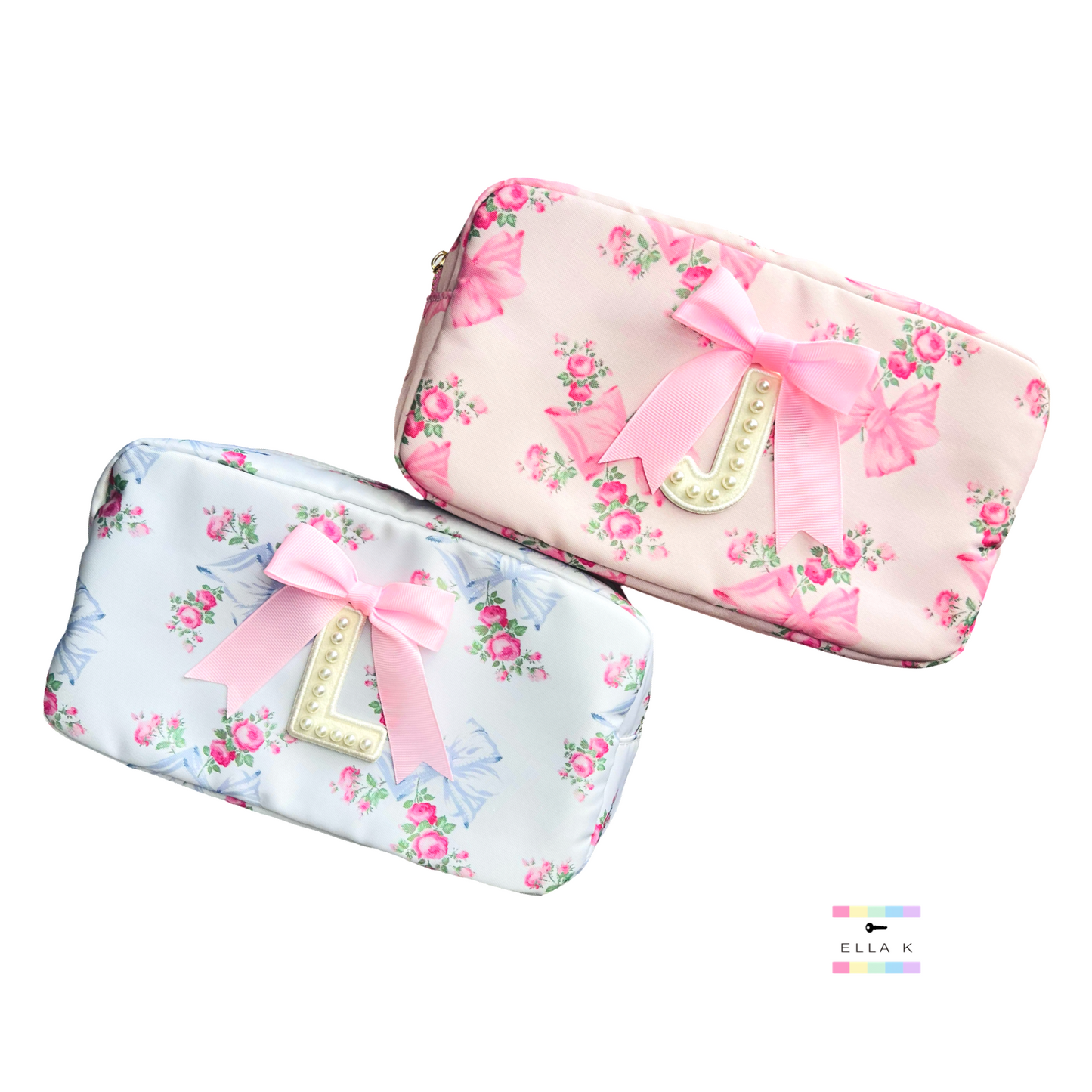 Custom Pearl Letter Coquette Bow Rose Floral Makeup Bag