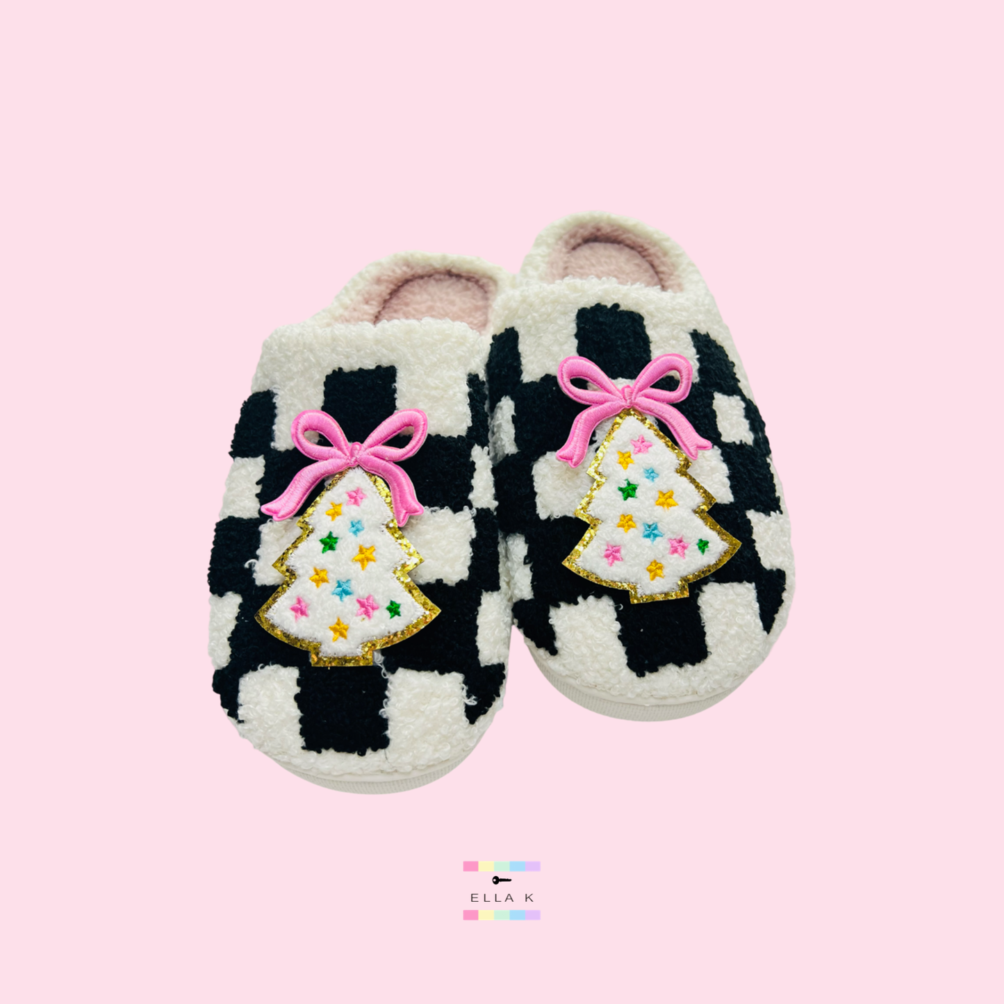 Christmas Tree Patch Coquette Bow Checkered House Slippers