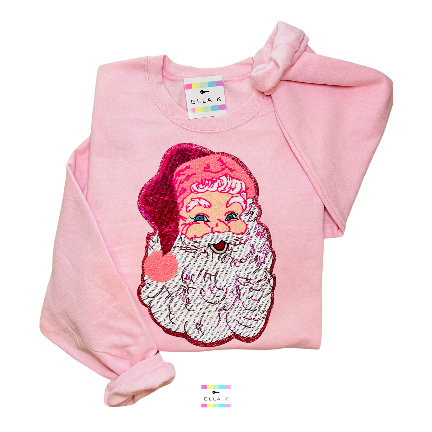 Preppy Pink Sequin Santa Sweatshirt - Light Pink