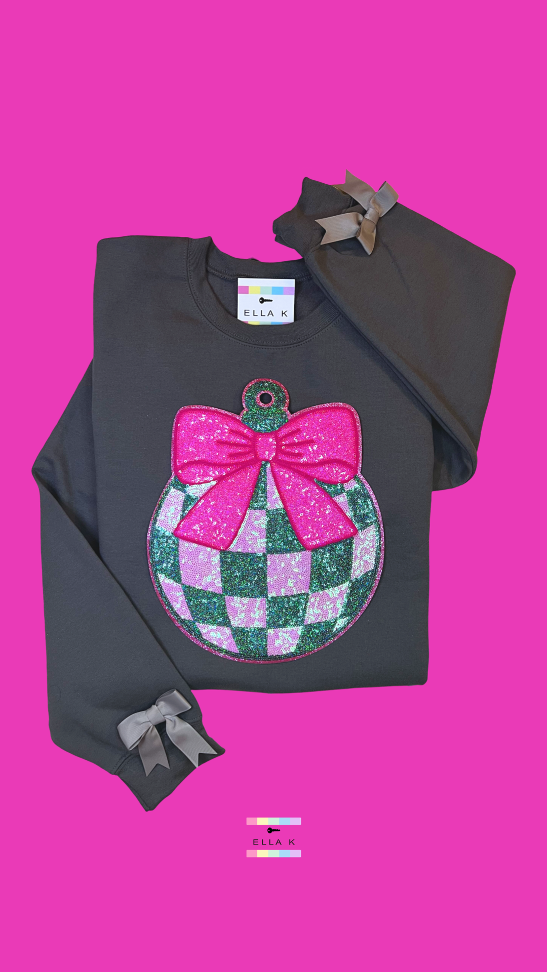 Coquette Bow Checkered Ornament Charcoal Christmas Sweatshirt