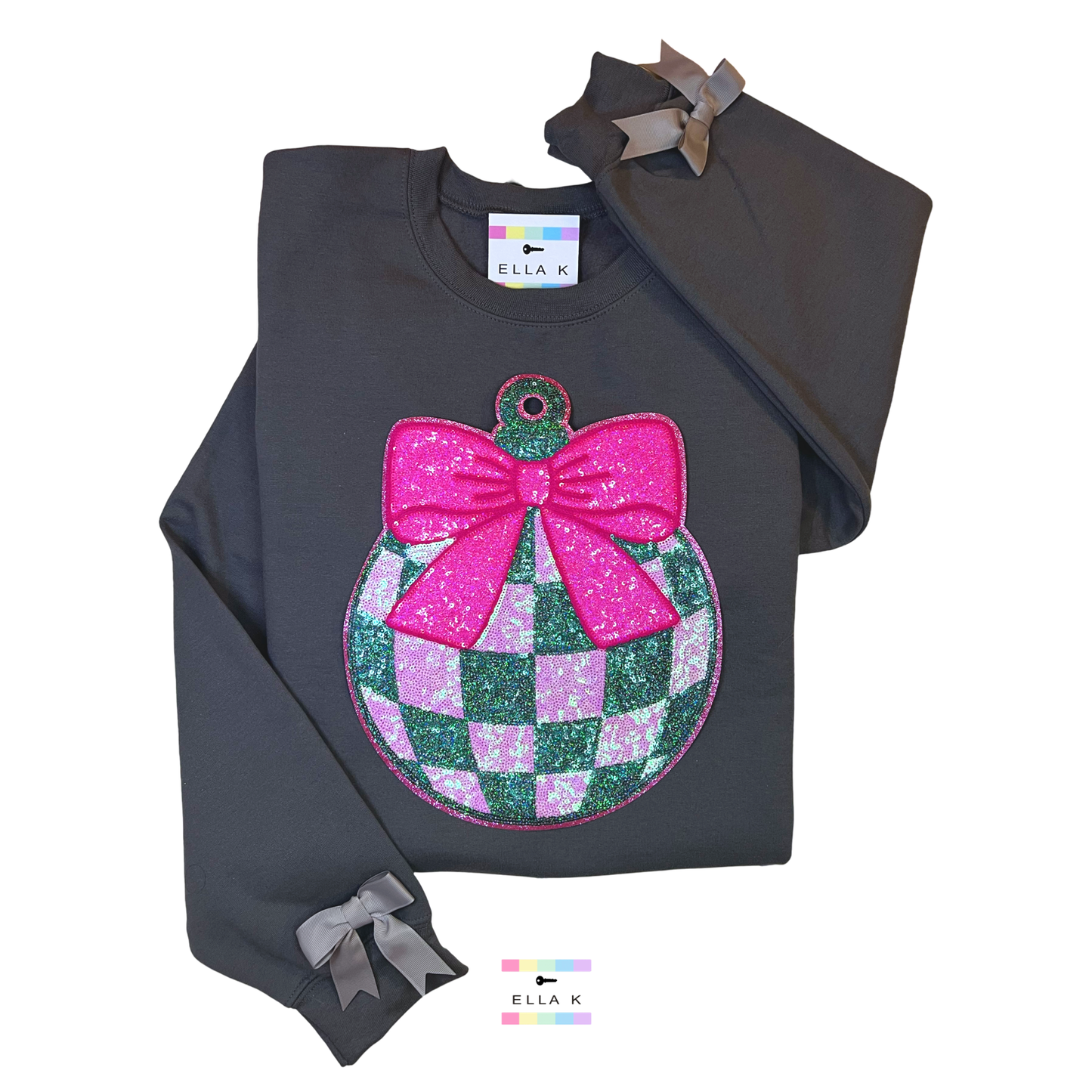 Coquette Bow Checkered Ornament Charcoal Christmas Sweatshirt